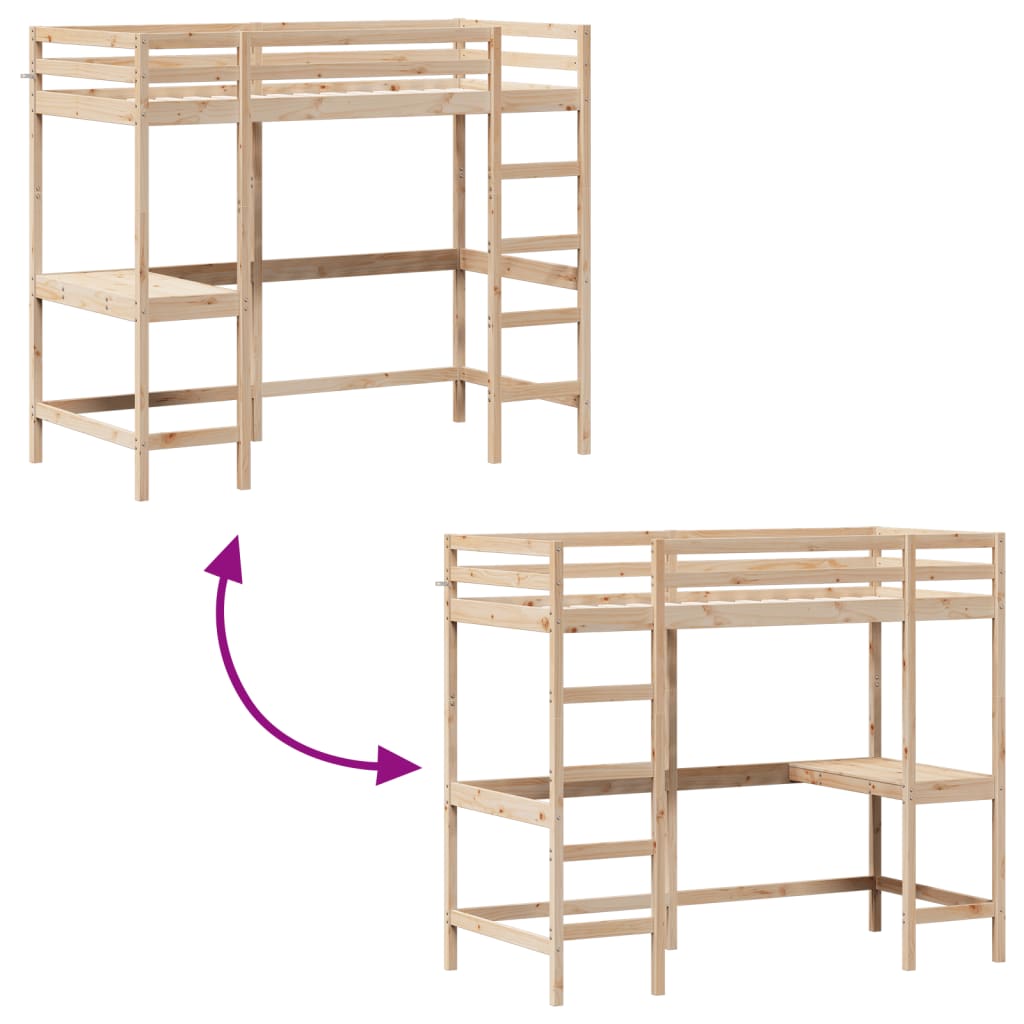 Letto Soppalco con Scrivania 90x200 cm Legno Massello Pino | homemem39