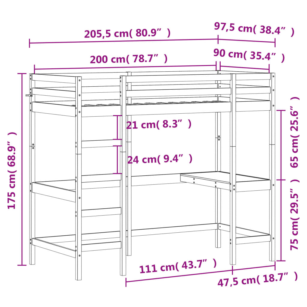 Letto Soppalco con Scrivania 90x200 cm Legno Massello Pino | homemem39