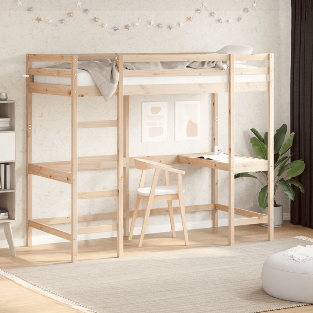 Letto Soppalco con Scrivania 90x200 cm Legno Massello Pino | homemem39