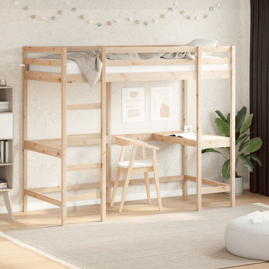 Letto Soppalco con Scrivania 90x200 cm Legno Massello Pino | homemem39