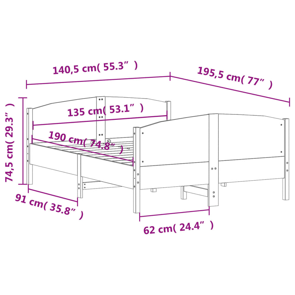 Letto senza Materasso Bianco 135x190 cm Legno Massello di Pino | homemem39