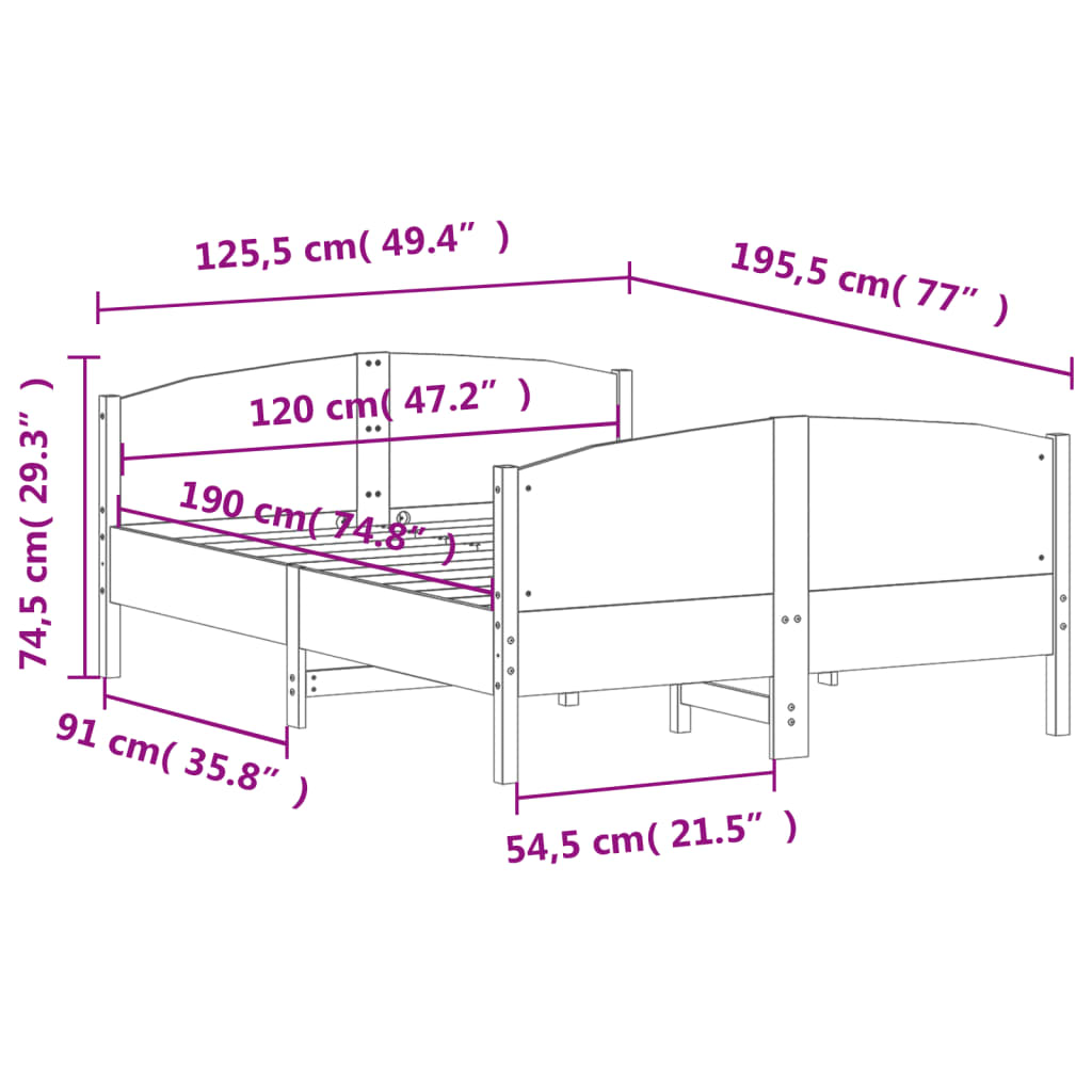 Letto senza Materasso 120x190 cm in Legno Massello di Pino | homemem39