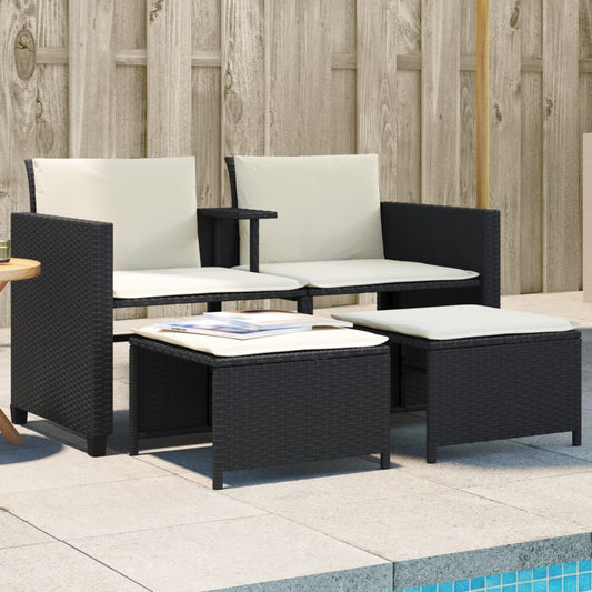 Divano Giardino 2 Posti con Tavolo e Sgabelli Nero Polyrattan - homemem39