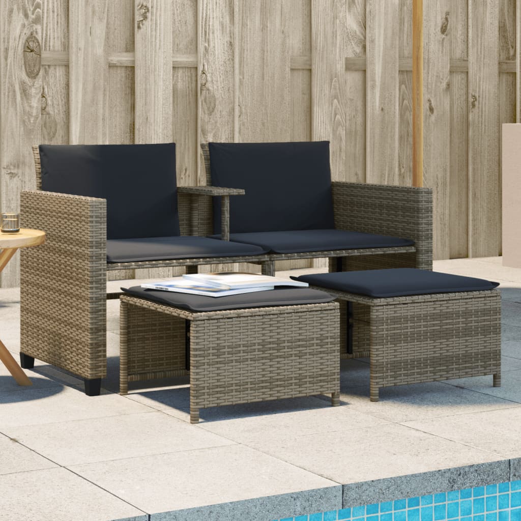 Divano Giardino 2 Posti con Tavolo e Sgabelli Grigio Polyrattan | homemem39
