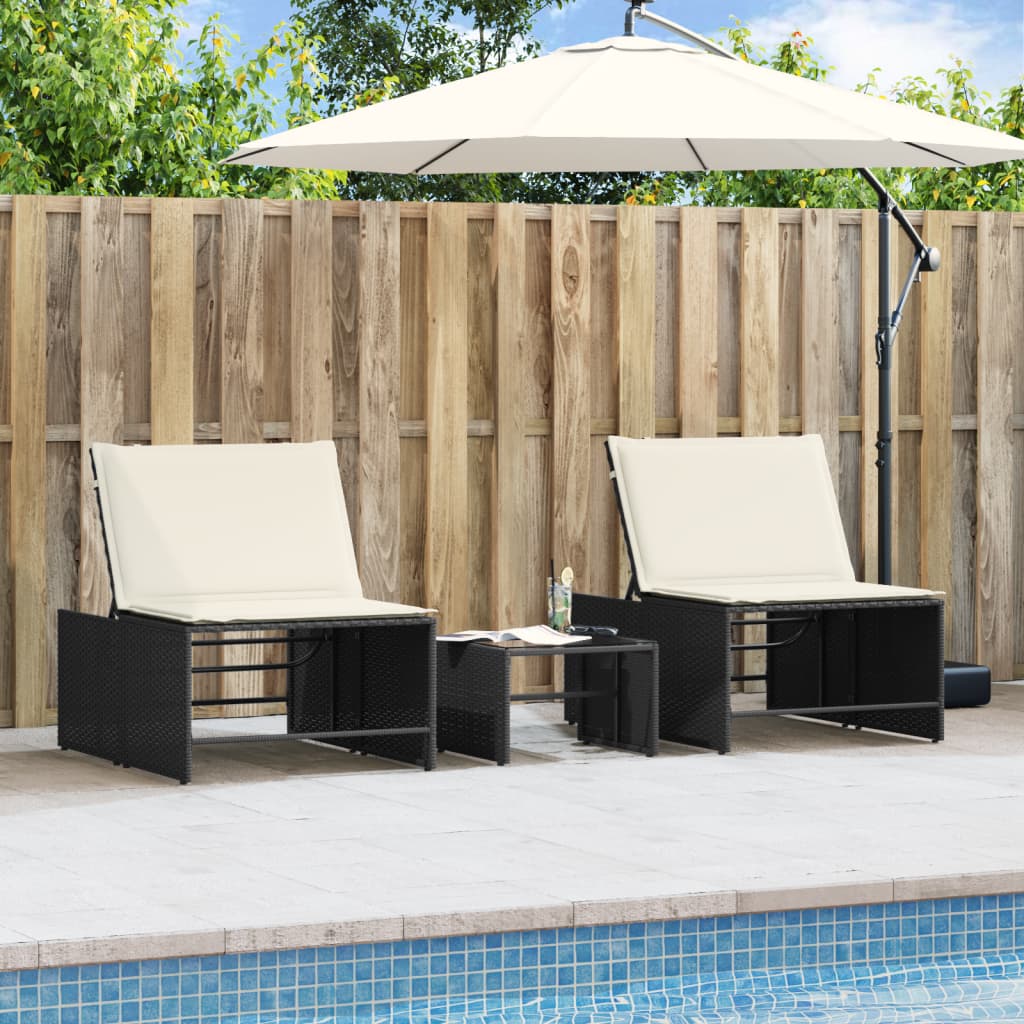 Lettini Prendisole 2 pz con Tavolino Nero in Polyrattan - homemem39