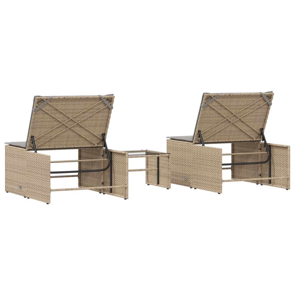 Lettini prendisole 2 pz con tavolo beige in polyrattan - homemem39