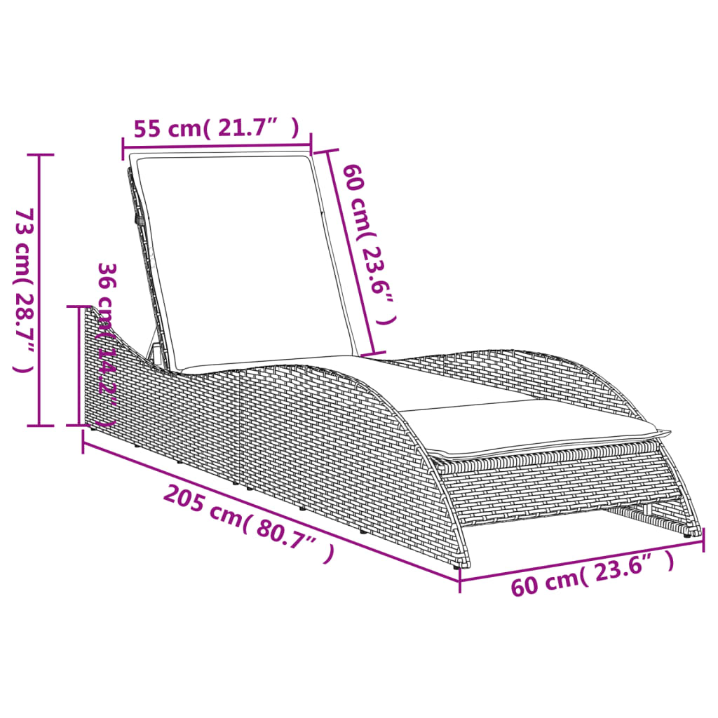 Lettino Prendisole con Cuscino Marrone 60x205x73 cm Polyrattan - homemem39