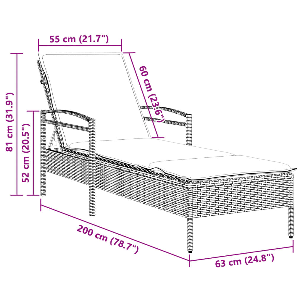 Lettino Prendisole con Cuscino Nero 63x200x81 cm in Polyrattan - homemem39