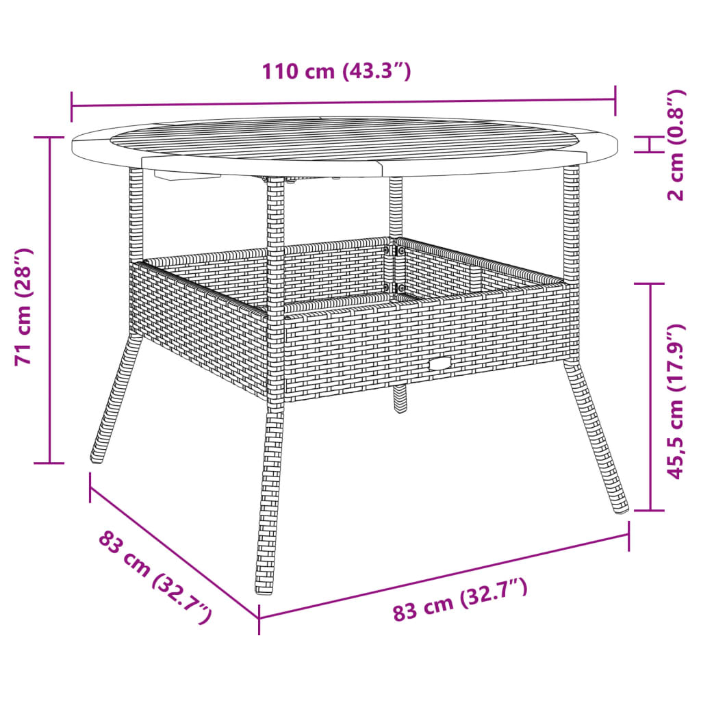 Tavolo Giardino Piano Legno Acacia Grigio Ø110x71 cm Polyrattan | homemem39