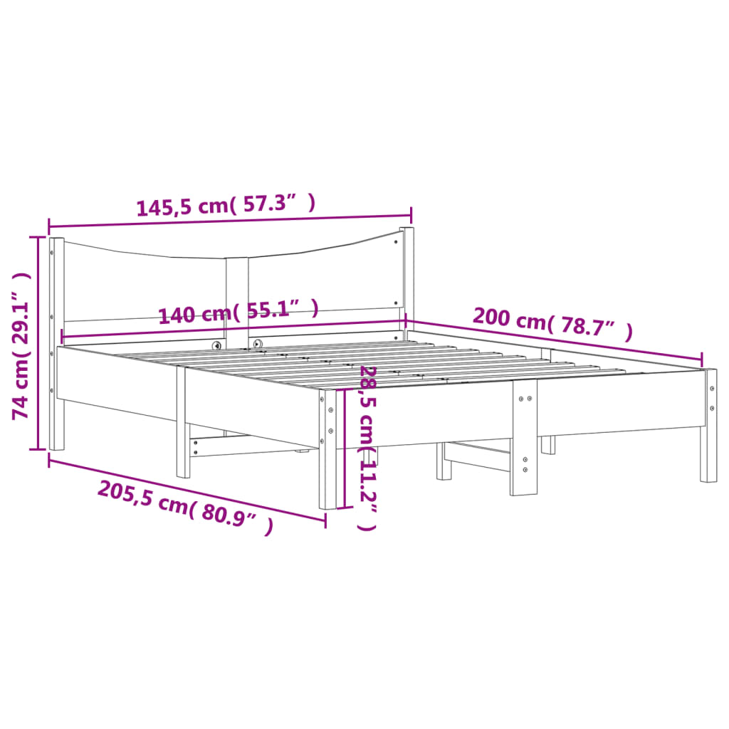Letto senza Materasso 140x200 cm in Legno Massello di Pino | homemem39