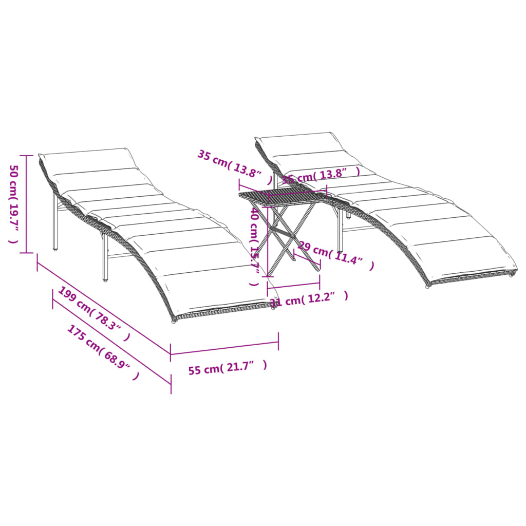 Lettini Prendisole 2 pz con Tavolino Nero in Polyrattan - homemem39