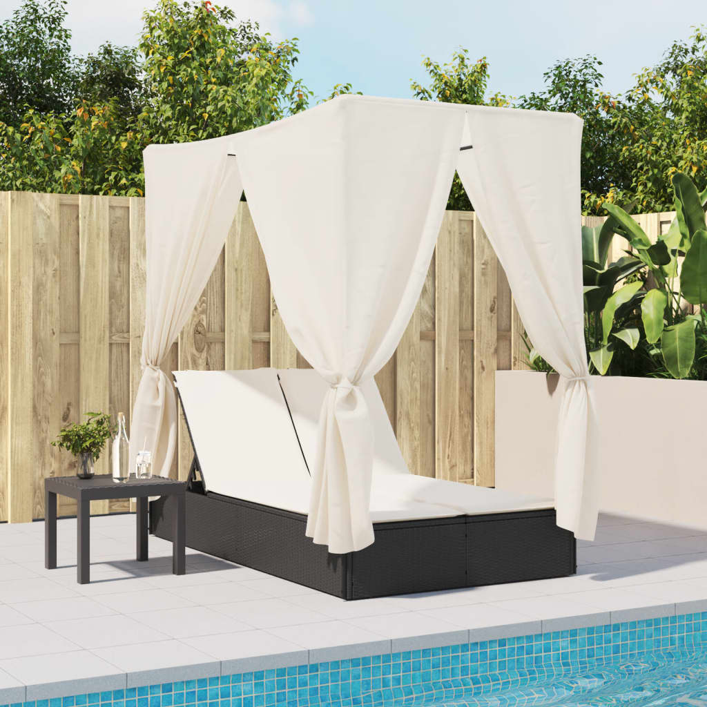 Lettino Prendisole con Tetto e Tende Nero in Polyrattan - homemem39