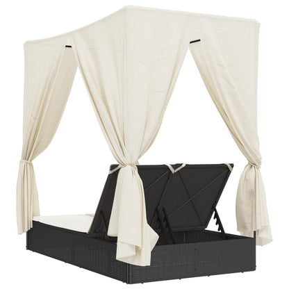 Lettino Prendisole con Tetto e Tende Nero in Polyrattan - homemem39
