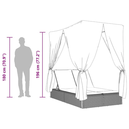 Lettino Prendisole con Tetto e Tende Nero in Polyrattan