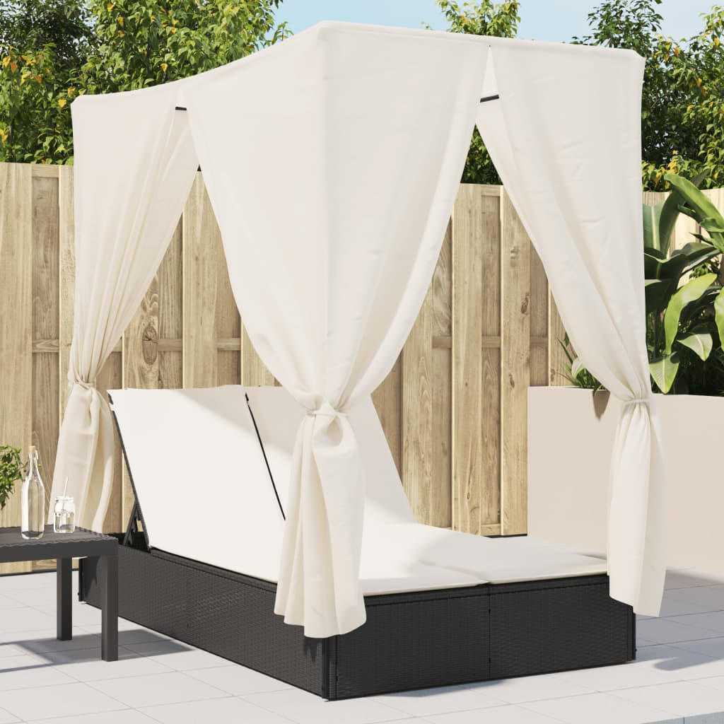 Lettino Prendisole con Tetto e Tende Nero in Polyrattan - homemem39