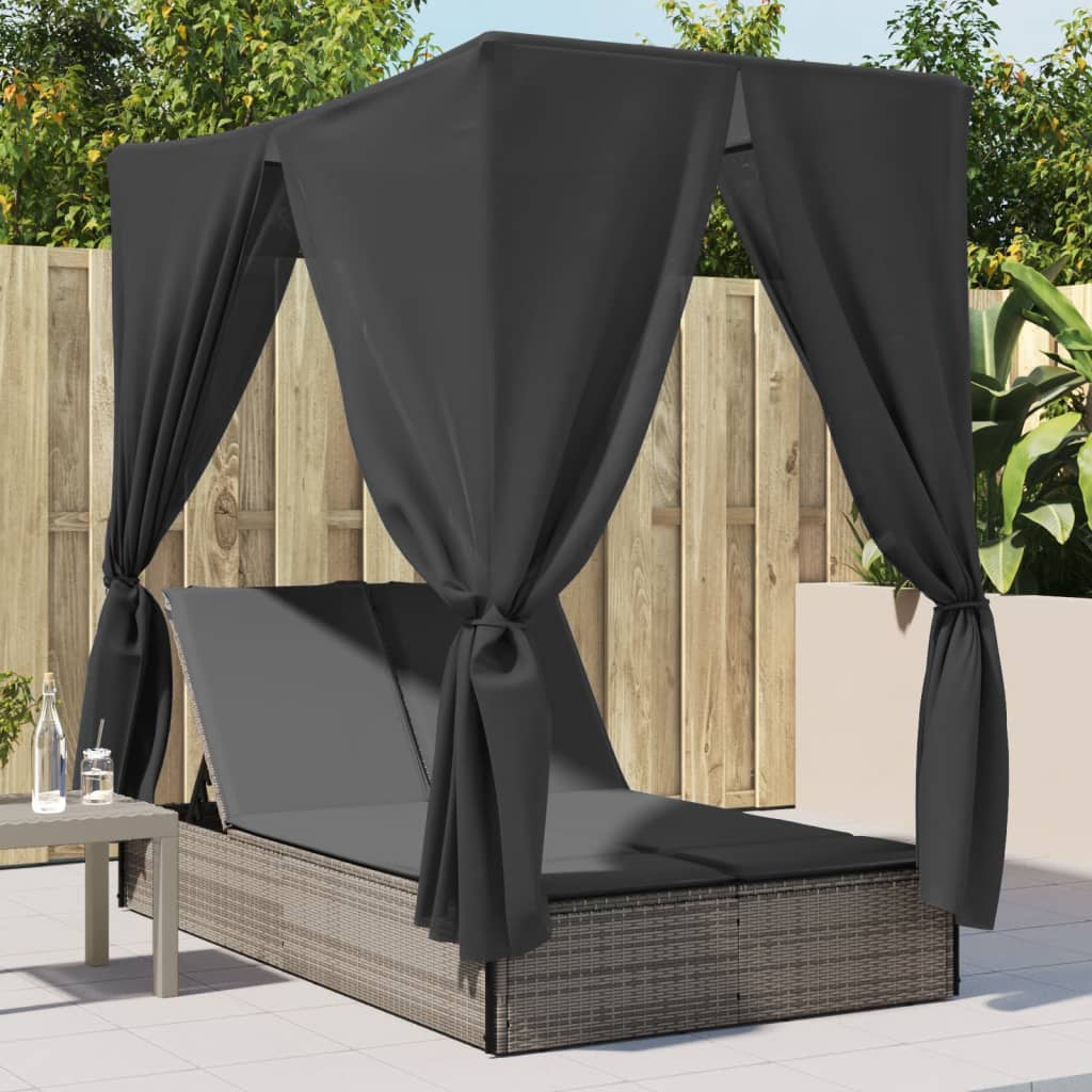 Lettino Prendisole Doppio Tetto e Tende Grigio in Polyrattan - homemem39