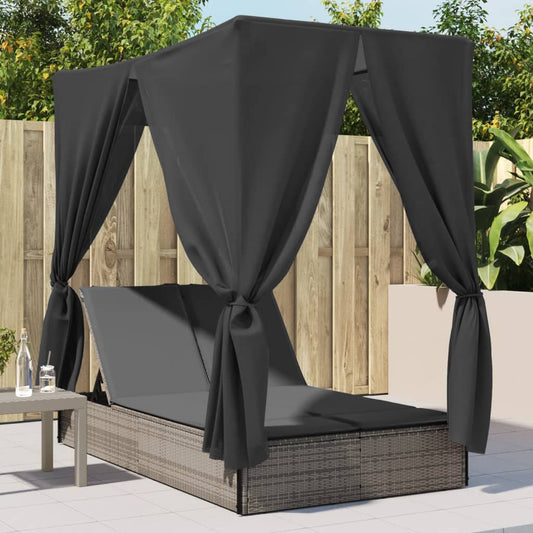 Lettino Prendisole Doppio Tetto e Tende Grigio in Polyrattan - homemem39