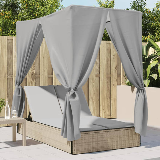 Lettino Prendisole con Tetto e Tende Beige in Polyrattan - homemem39