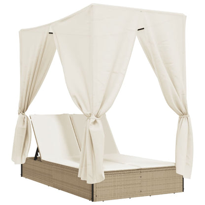 Lettino Prendisole con Tetto e Tende Beige in Polyrattan