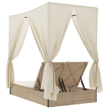 Lettino Prendisole con Tetto e Tende Beige in Polyrattan