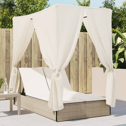 Lettino Prendisole con Tetto e Tende Beige in Polyrattan