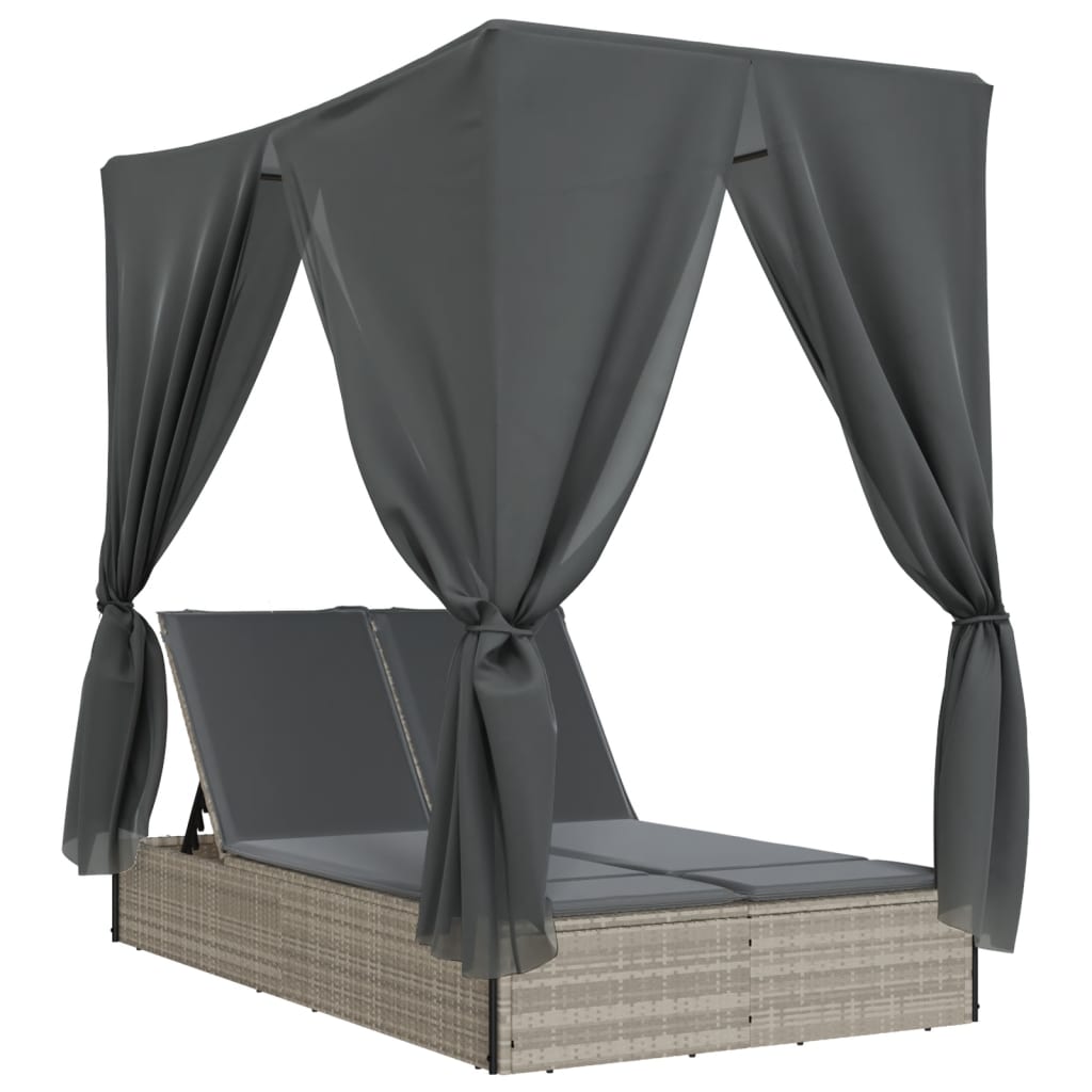 Lettino Prendisole Tetto e Tende Grigio Chiaro in Polyrattan - homemem39