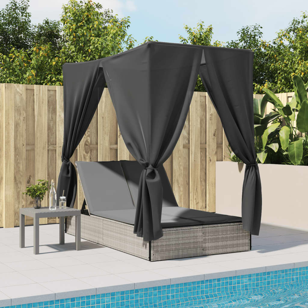 Lettino Prendisole Tetto e Tende Grigio Chiaro in Polyrattan - homemem39