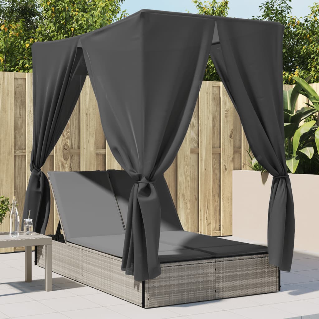 Lettino Prendisole Tetto e Tende Grigio Chiaro in Polyrattan - homemem39