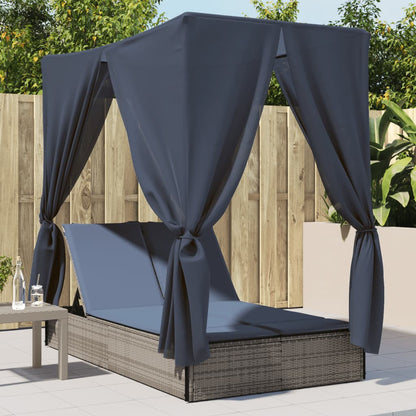 Lettino Prendisole Doppio Tetto e Tende Grigio in Polyrattan