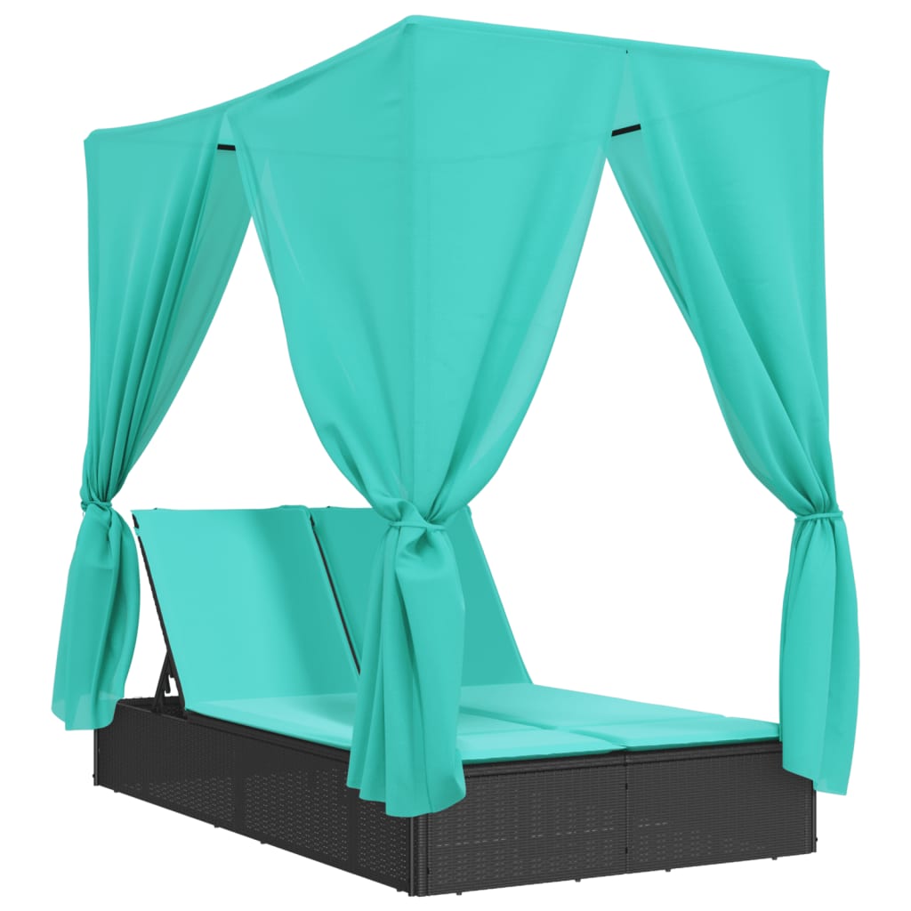 Lettino Prendisole con Tetto e Tende Nero in Polyrattan | homemem39