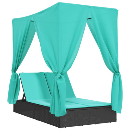 Lettino Prendisole con Tetto e Tende Nero in Polyrattan | homemem39
