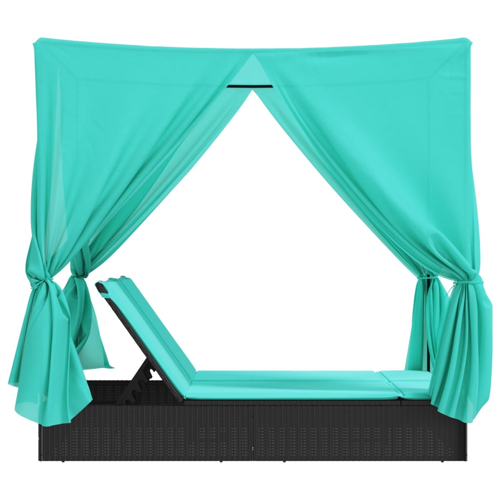 Lettino Prendisole con Tetto e Tende Nero in Polyrattan | homemem39