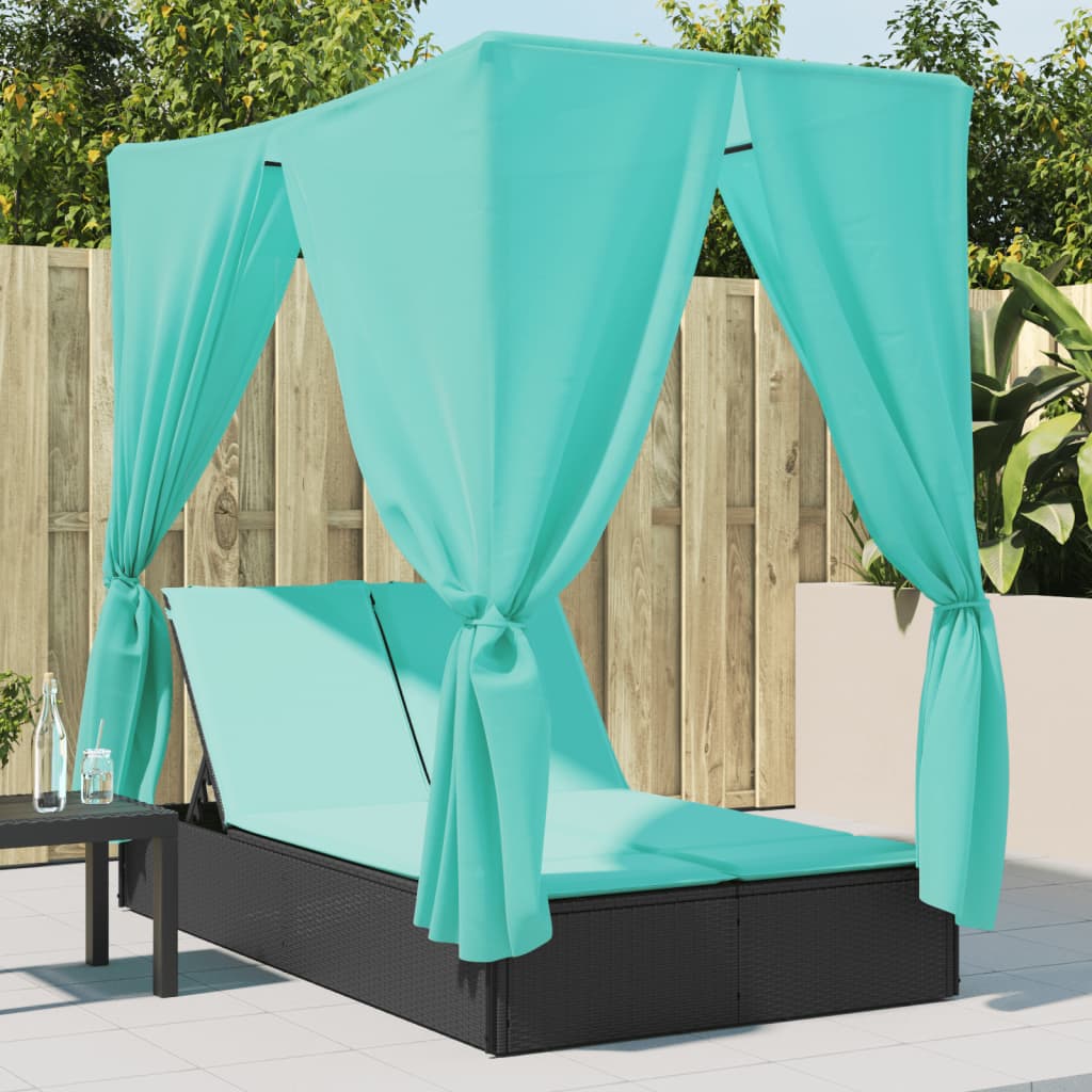 Lettino Prendisole con Tetto e Tende Nero in Polyrattan