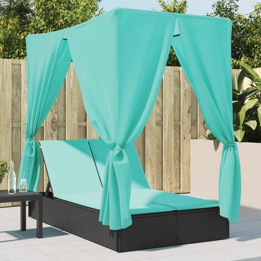Lettino Prendisole con Tetto e Tende Nero in Polyrattan