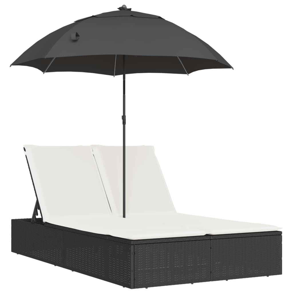 Lettino Prendisole Doppio Cuscini e Parasole Nero in Polyrattan - homemem39