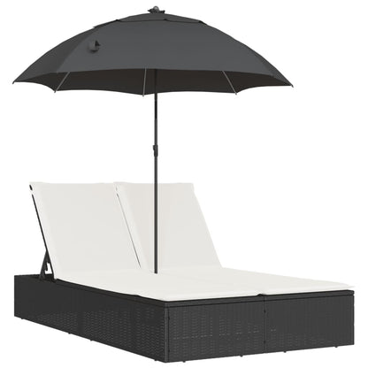 Lettino Prendisole Doppio Cuscini e Parasole Nero in Polyrattan - homemem39