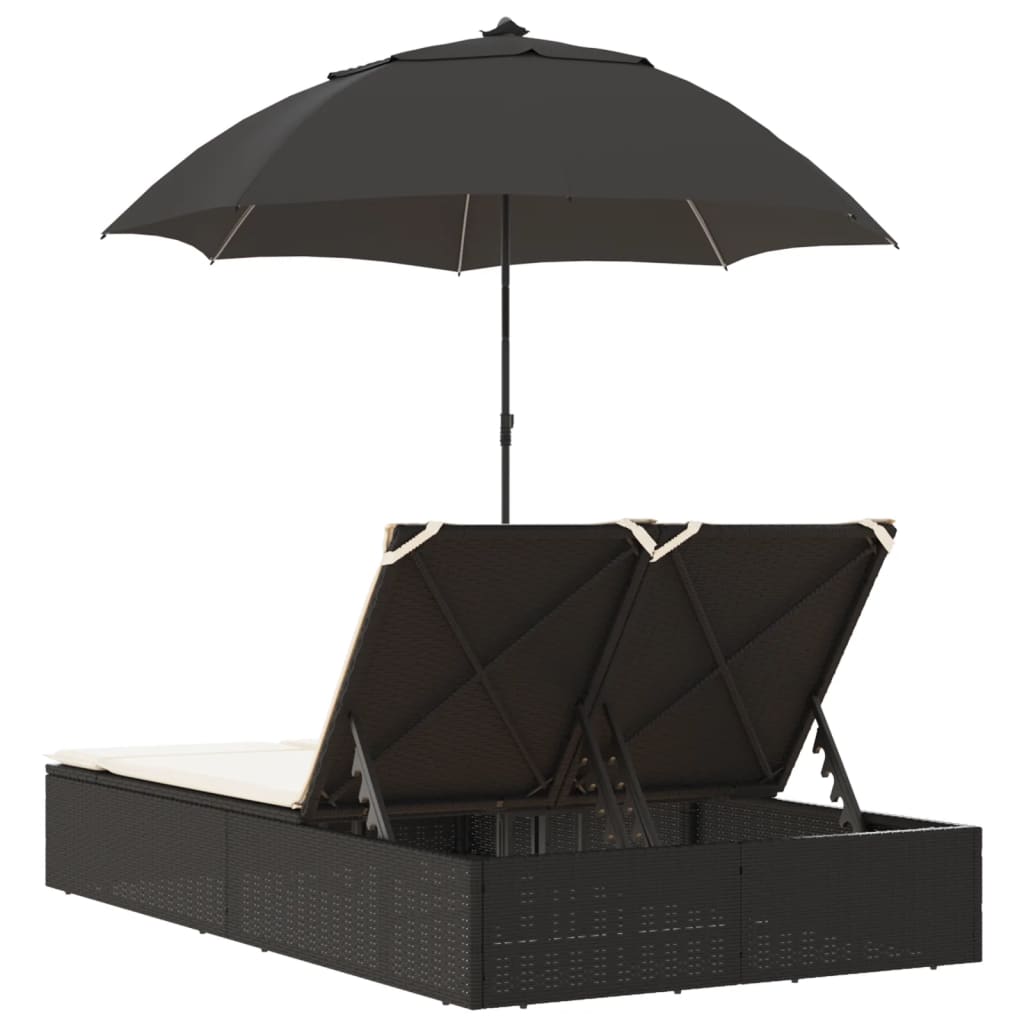 Lettino Prendisole Doppio Cuscini e Parasole Nero in Polyrattan - homemem39