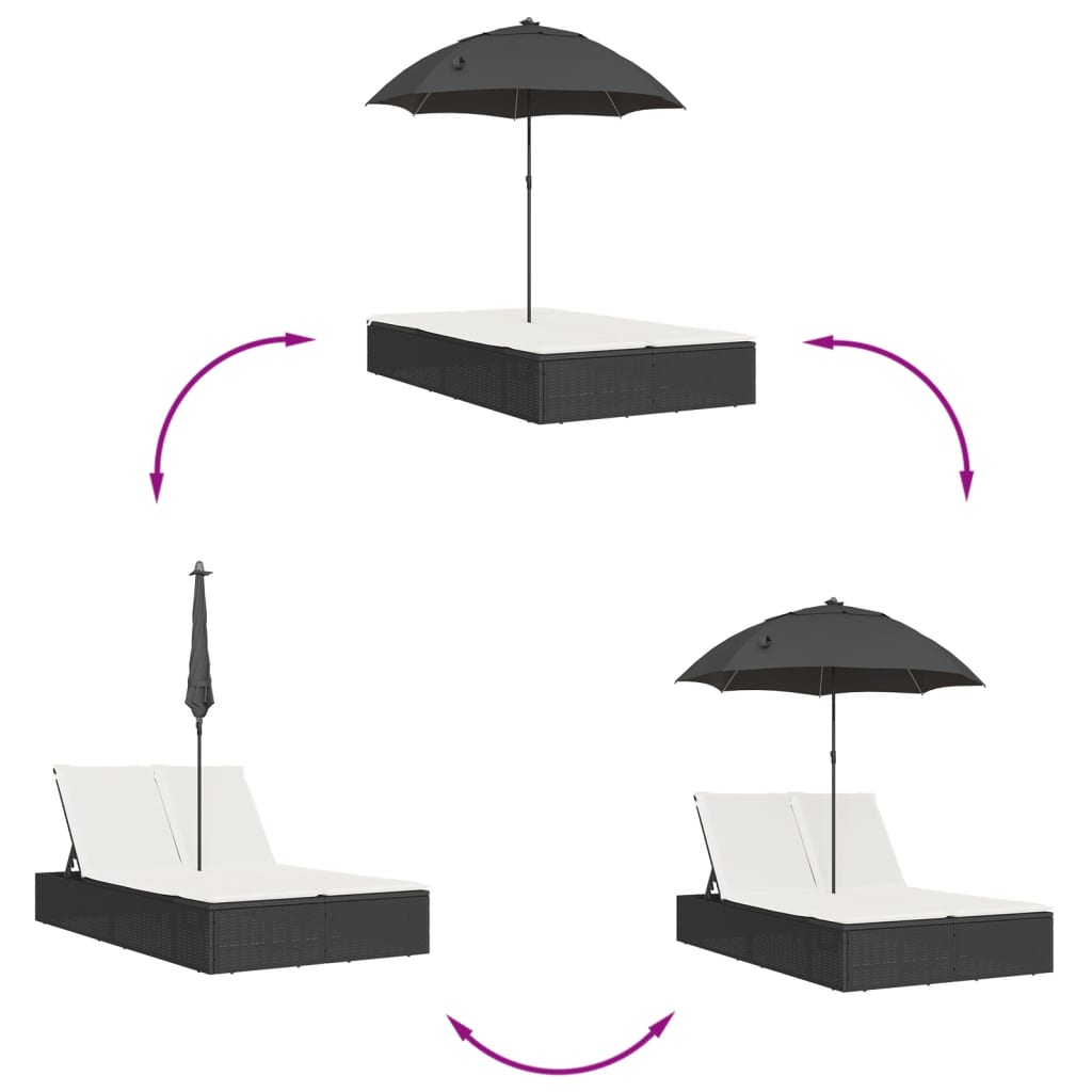Lettino Prendisole Doppio Cuscini e Parasole Nero in Polyrattan - homemem39