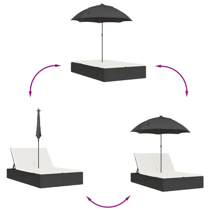 Lettino Prendisole Doppio Cuscini e Parasole Nero in Polyrattan - homemem39