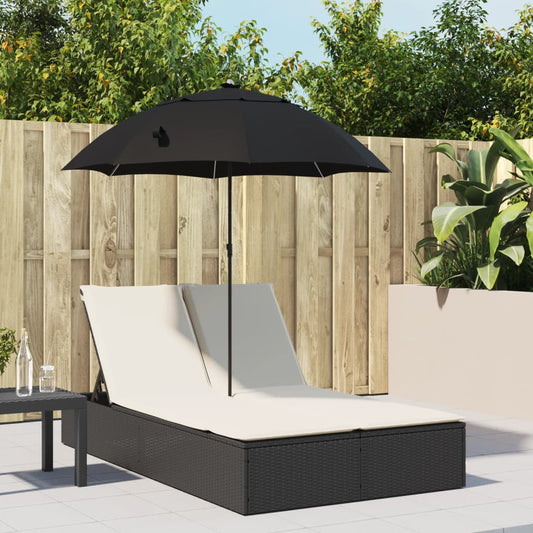 Lettino Prendisole Doppio Cuscini e Parasole Nero in Polyrattan - homemem39