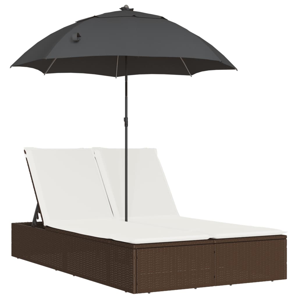 Lettino Prendisole Doppio Cuscini e Parasole Marrone Polyrattan - homemem39