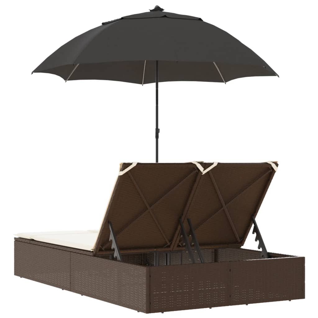 Lettino Prendisole Doppio Cuscini e Parasole Marrone Polyrattan - homemem39