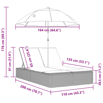 Lettino Prendisole Doppio Cuscini e Parasole Marrone Polyrattan