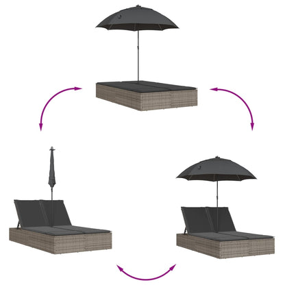 Lettino Prendisole Doppio Cuscini e Parasole Grigio Polyrattan