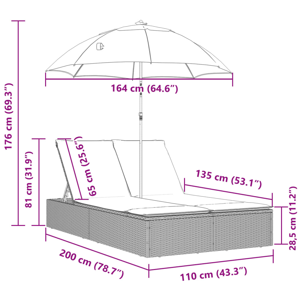 Lettino Prendisole Doppio Cuscini e Parasole Grigio Polyrattan