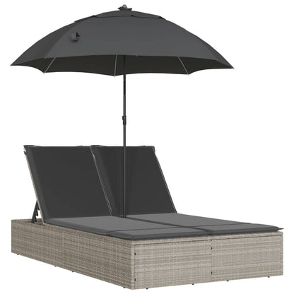 Lettino Prendisole Cuscini e Parasole Grigio Chiaro Polyrattan - homemem39