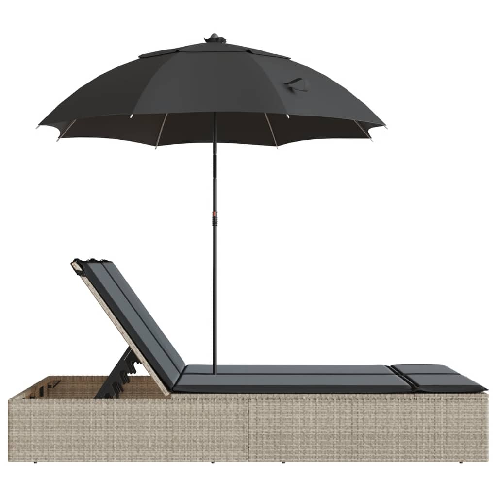 Lettino Prendisole Cuscini e Parasole Grigio Chiaro Polyrattan - homemem39