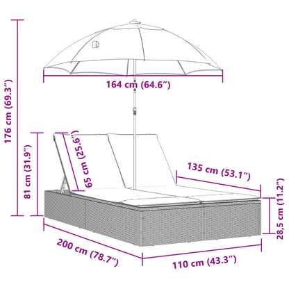 Lettino Prendisole Cuscini e Parasole Grigio Chiaro Polyrattan - homemem39