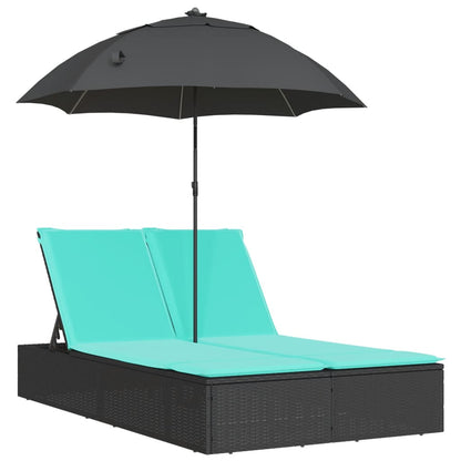 Lettino Prendisole Doppio Cuscini e Parasole Nero in Polyrattan