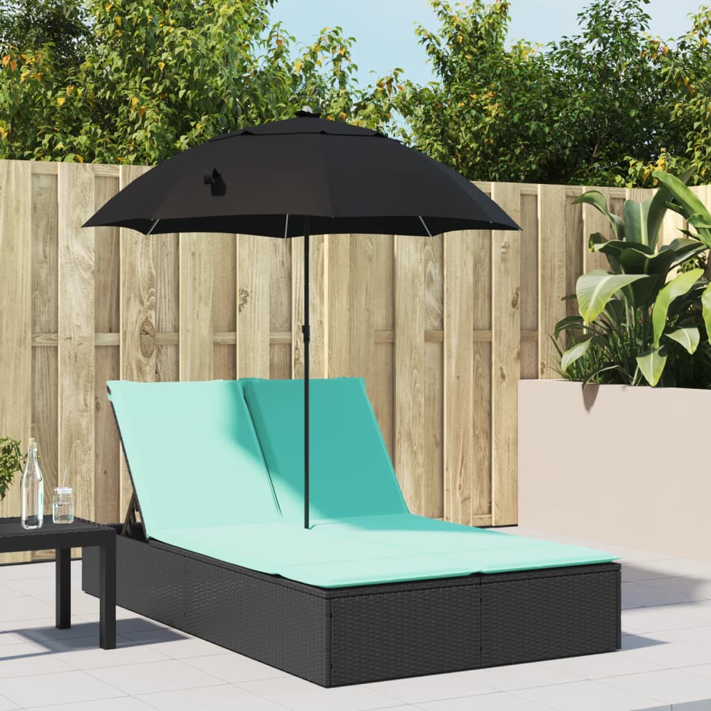 Lettino Prendisole Doppio Cuscini e Parasole Nero in Polyrattan